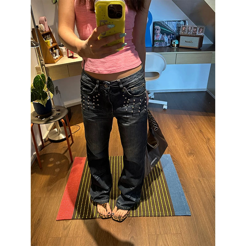 HABON American Style Rhinestone Flared Washed Women's Jeans