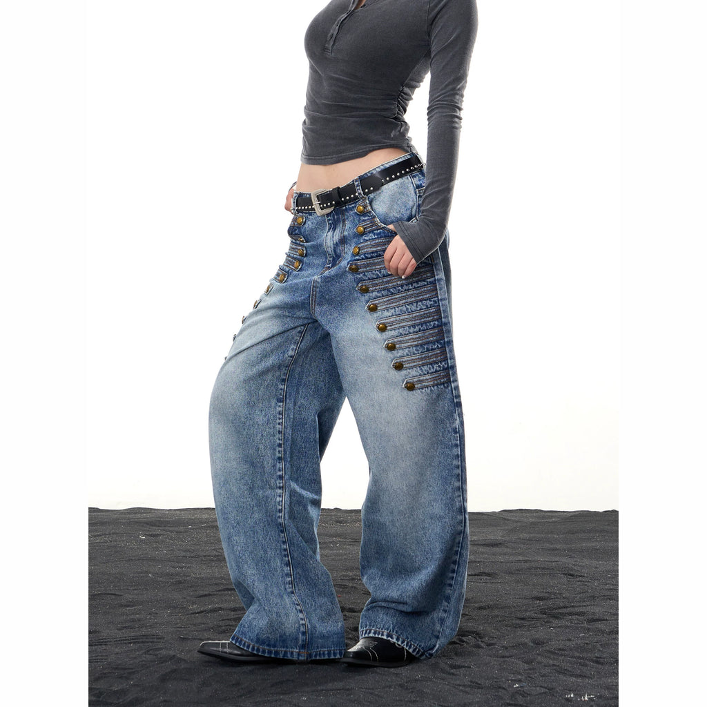 HABON American Vintage Court Style Multi-Button Low Waist Wide Leg Jeans