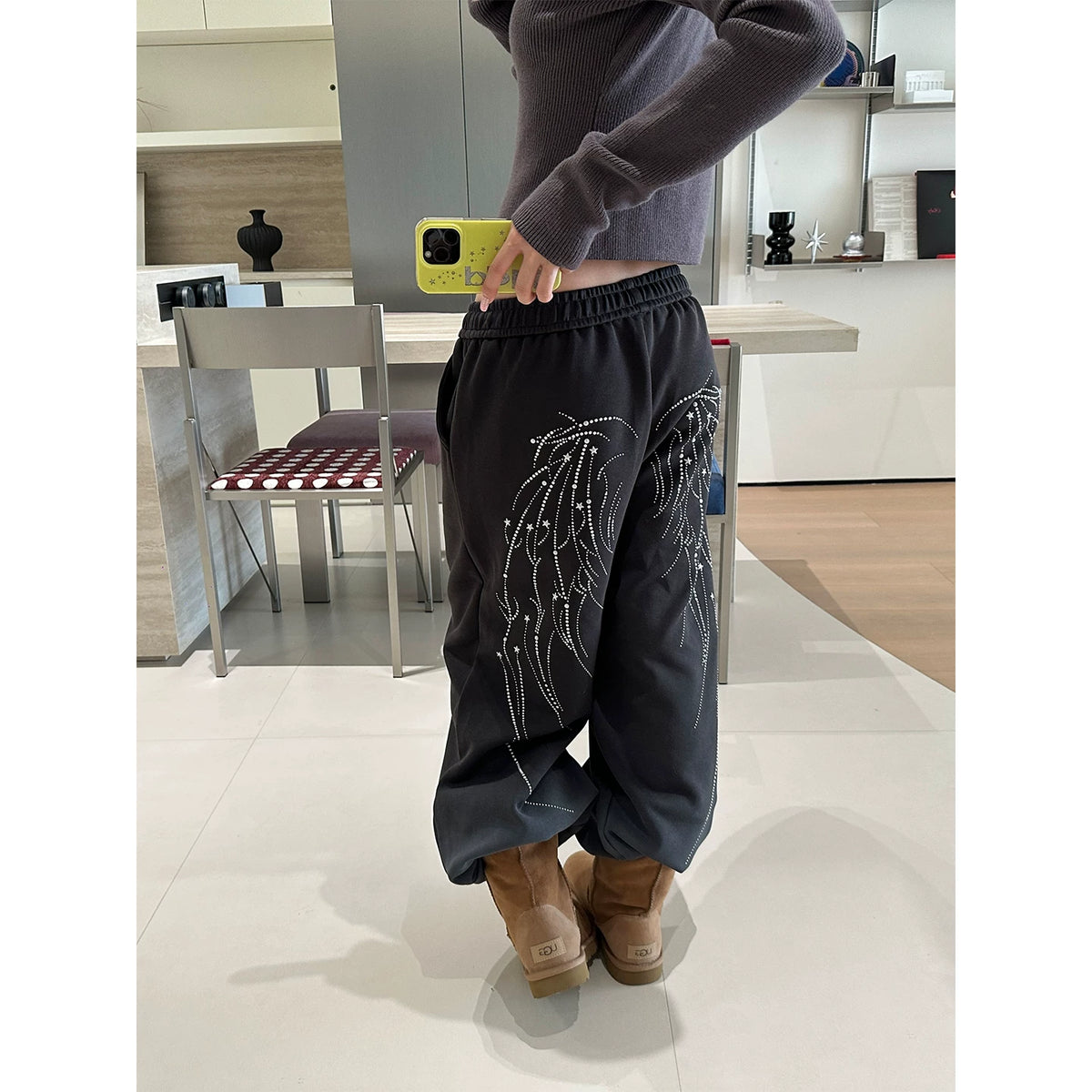 HABON American Style Wing Print Elastic Waist Wide Leg Sweatpants