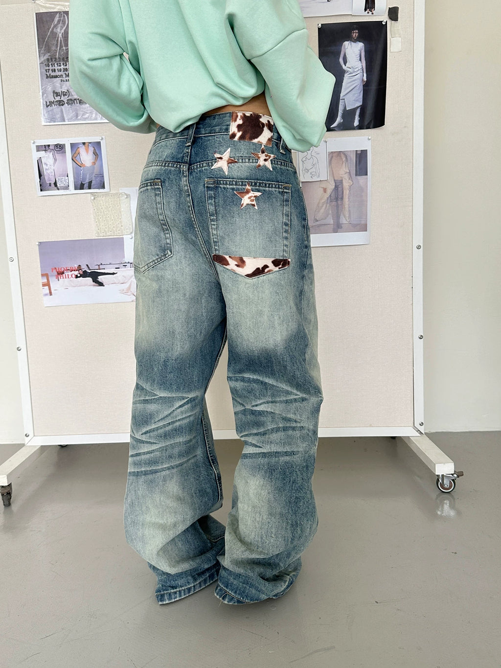 HABON Star Embroidery Gradient Wide-Leg Jeans for Men and Women