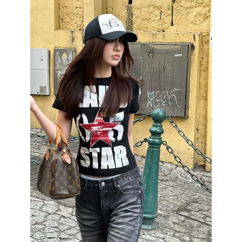 HABON American Style Star Letter Print Women's Short Sleeve T-Shirt