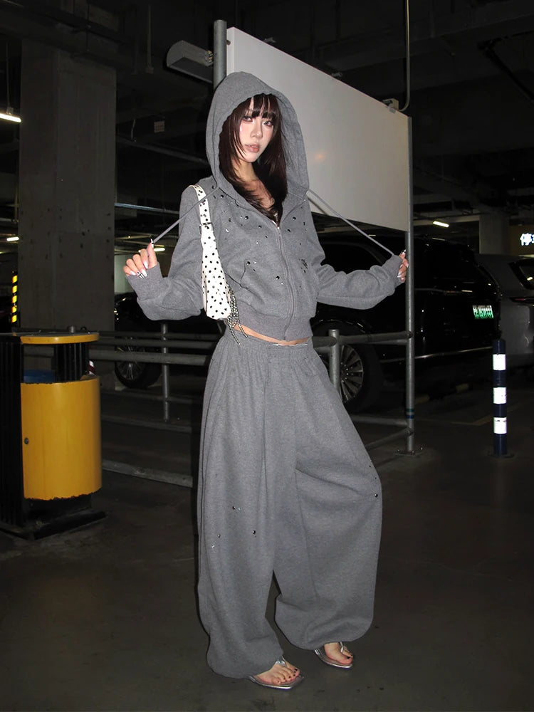 HABON American Style Studded Hooded Cardigan Sweatshirt Set