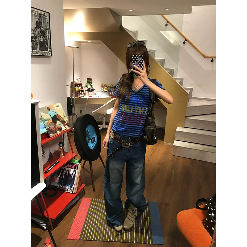 HABON American Style Patchwork Pocket Wide Leg Straight Jeans