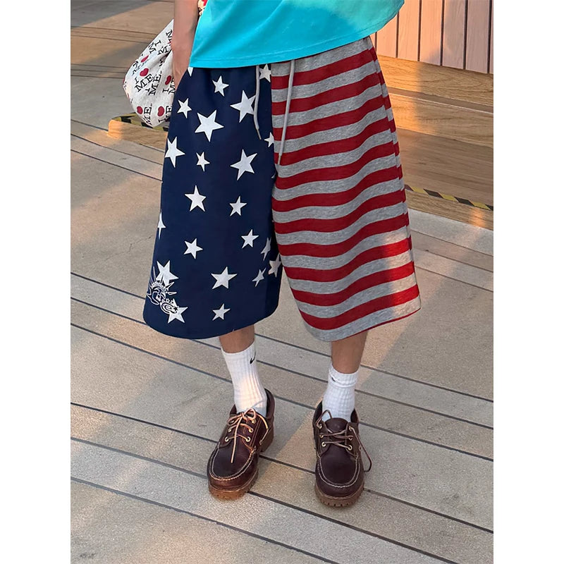 HABON American Style Star Print Colorblock Wide-Leg Cropped Shorts