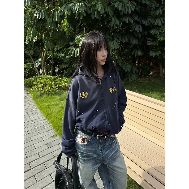 HABON Washed Distressed Paint Splatter Zip-Up Boxy Hoodie