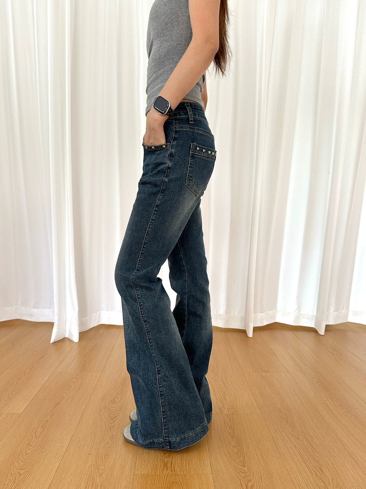 HABON Women's American Retro Letter Embroidered Rivet Slim Flared Jeans