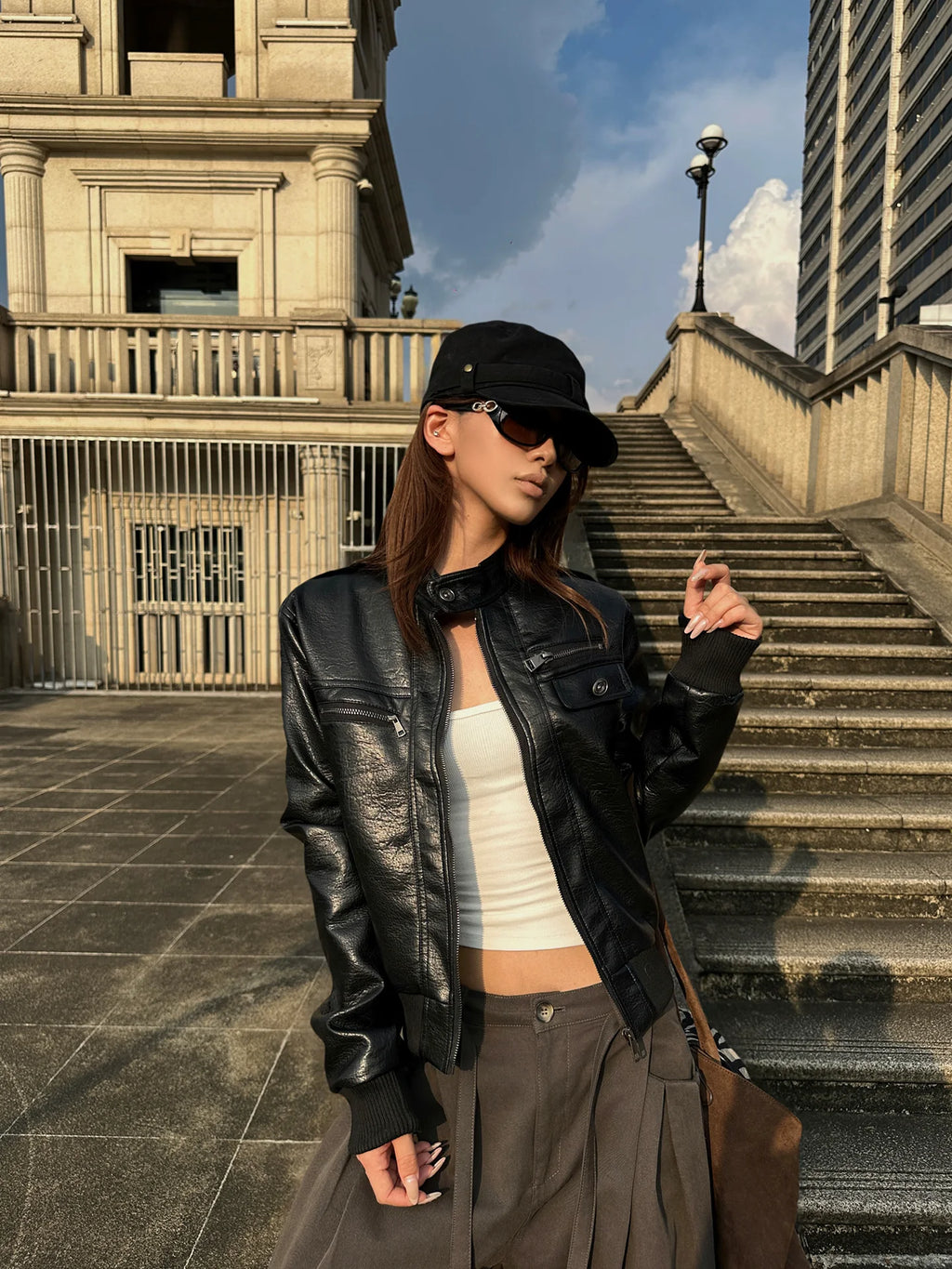 HABON American Style Casual Retro Zip-Up PU Leather Jacket for Men and Women