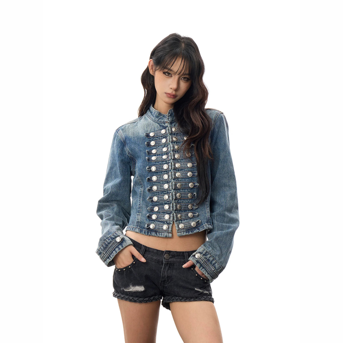 HABON American Vintage Double Breasted Cropped Denim Jacket