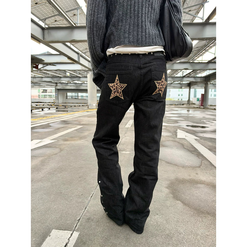 HABON American Street Rivet Leopard Star Embroidered Jeans