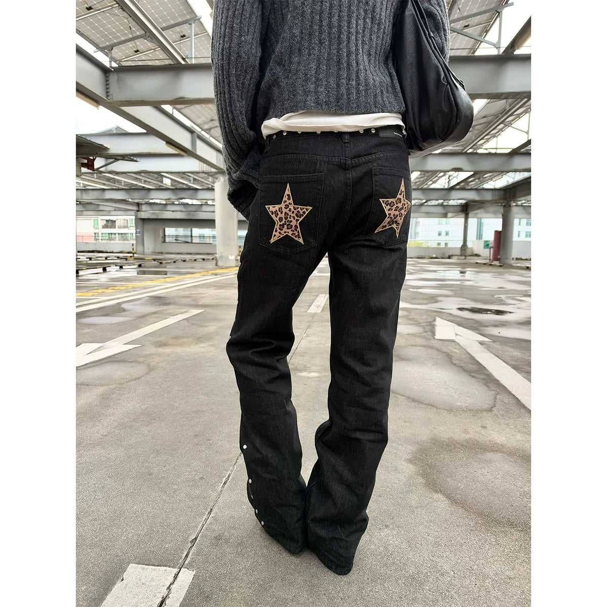 HABON American Street Rivet Leopard Star Embroidered Jeans