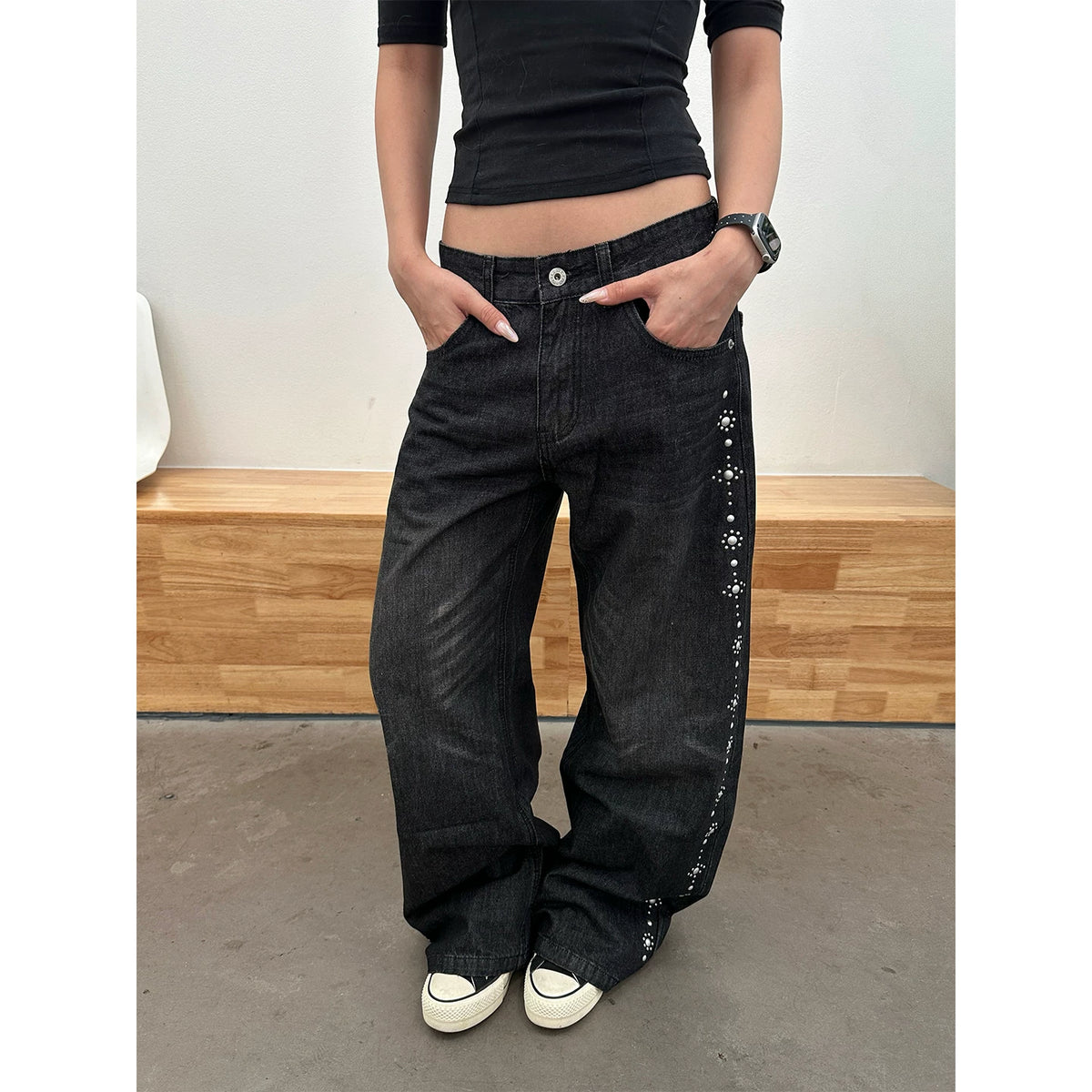 HABON American Style Beaded Straight Leg Jeans for Men and Women