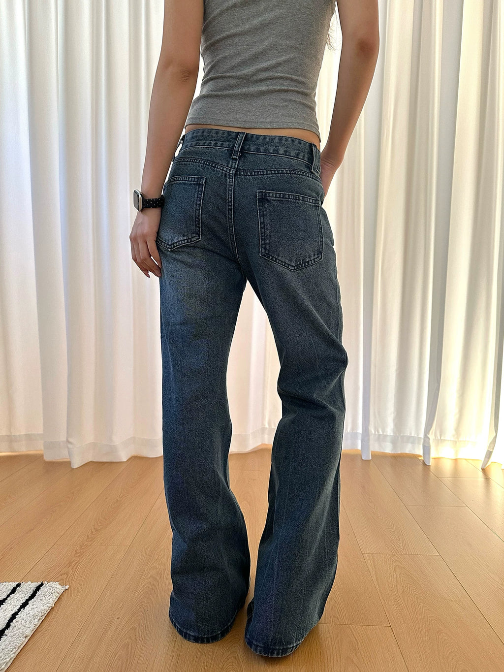 HABON Women's American Vintage Rivet Rhinestone Flared Denim Jeans
