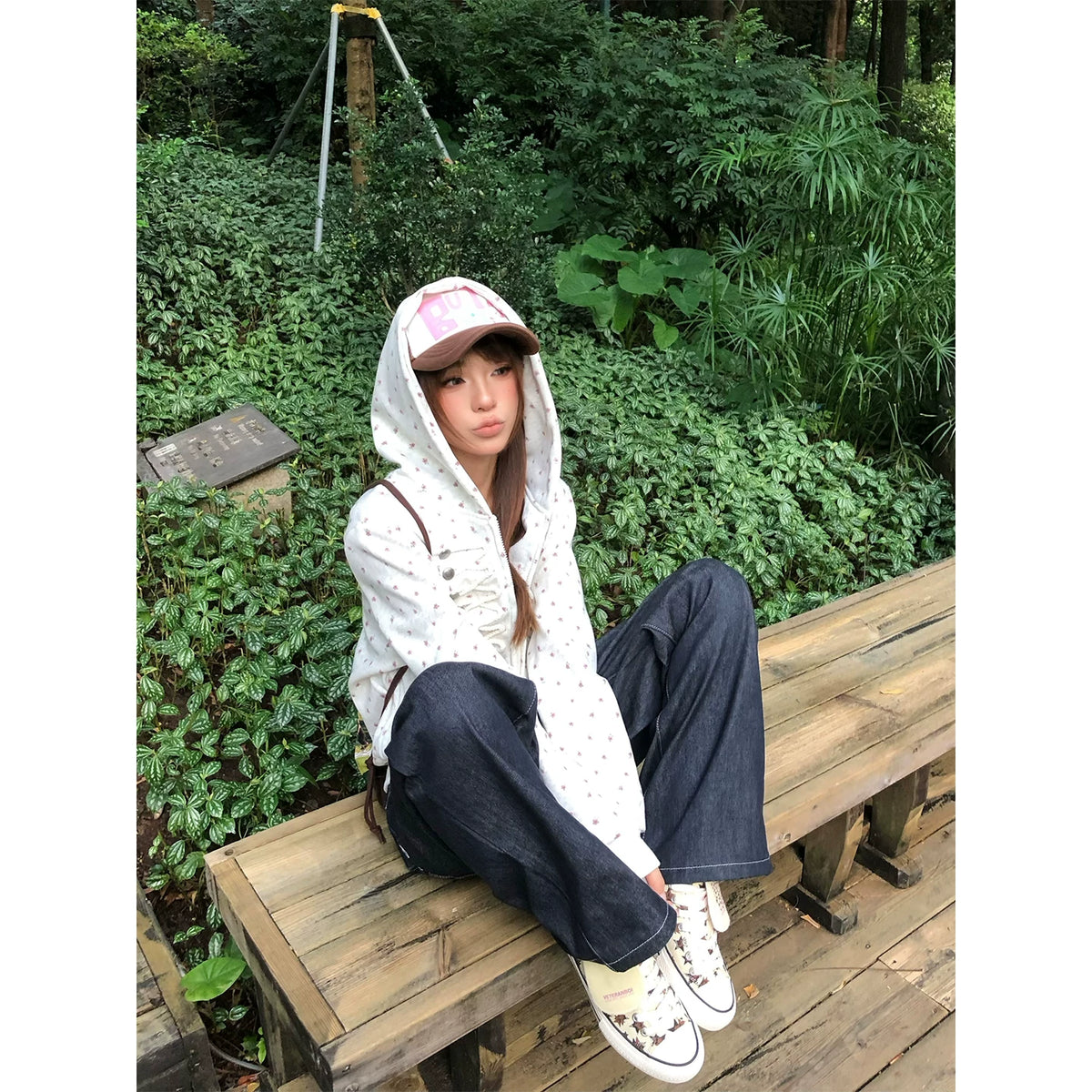 HABON American Style Floral Print Hooded Cardigan Jacket for Men and Women