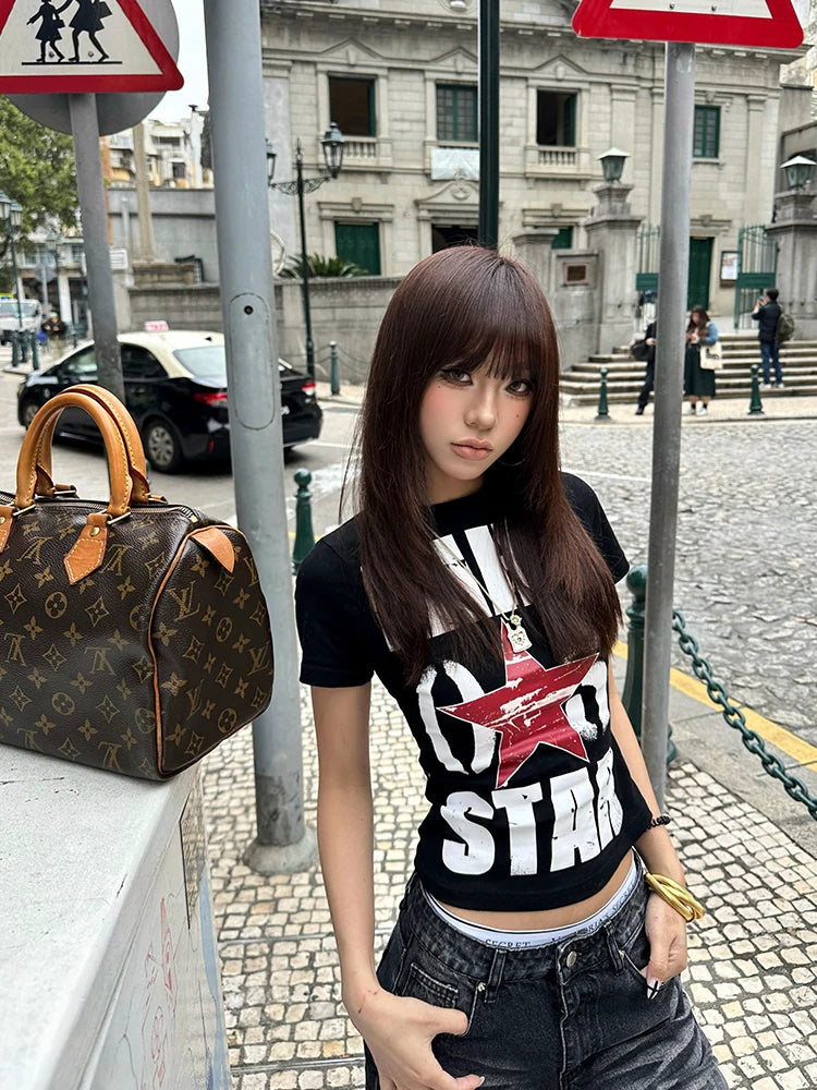 HABON American Style Star Letter Print Women's Short Sleeve T-Shirt