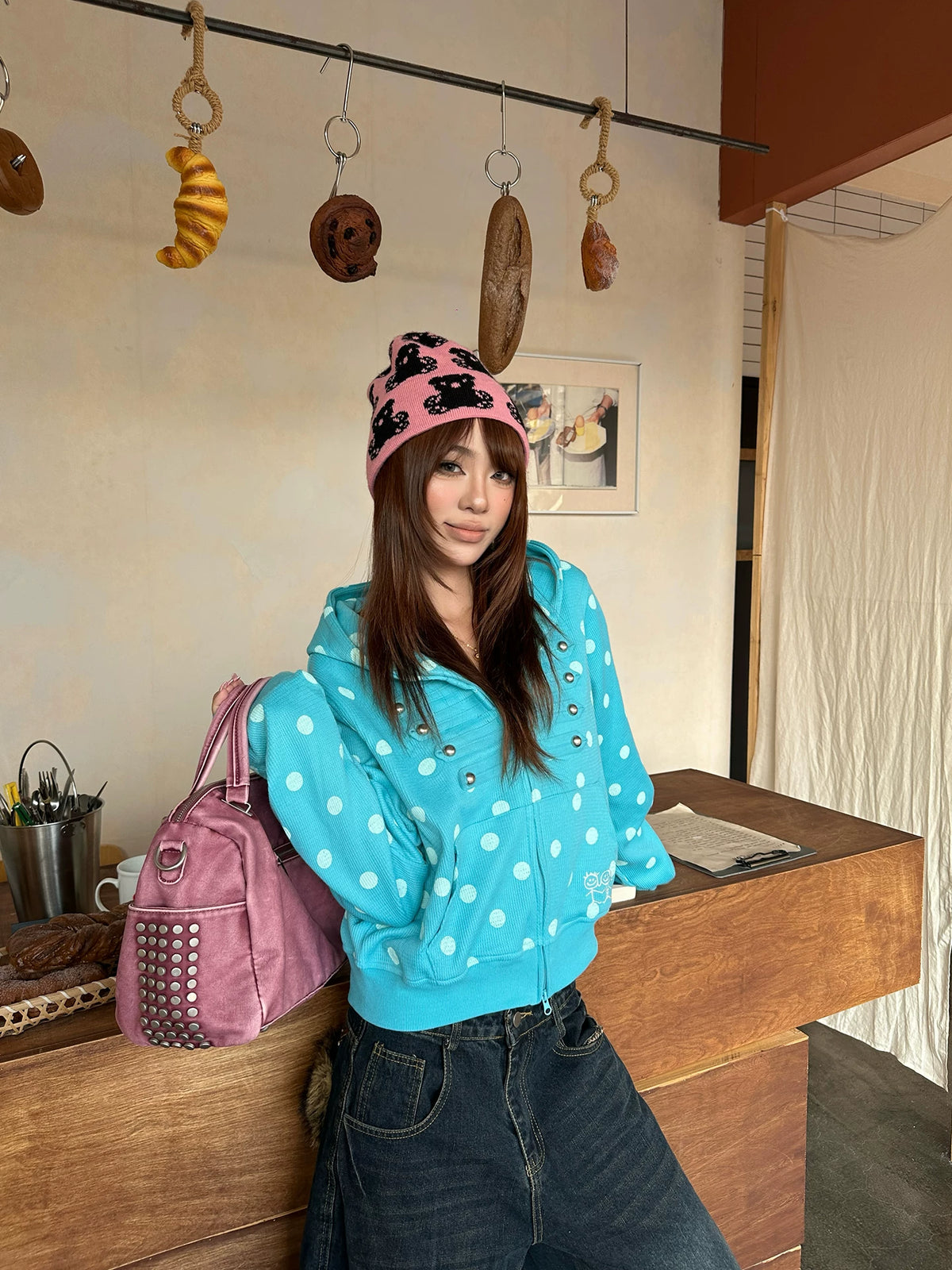 HABON American Style Polka Dot Zip Up Hoodie for Men and Women