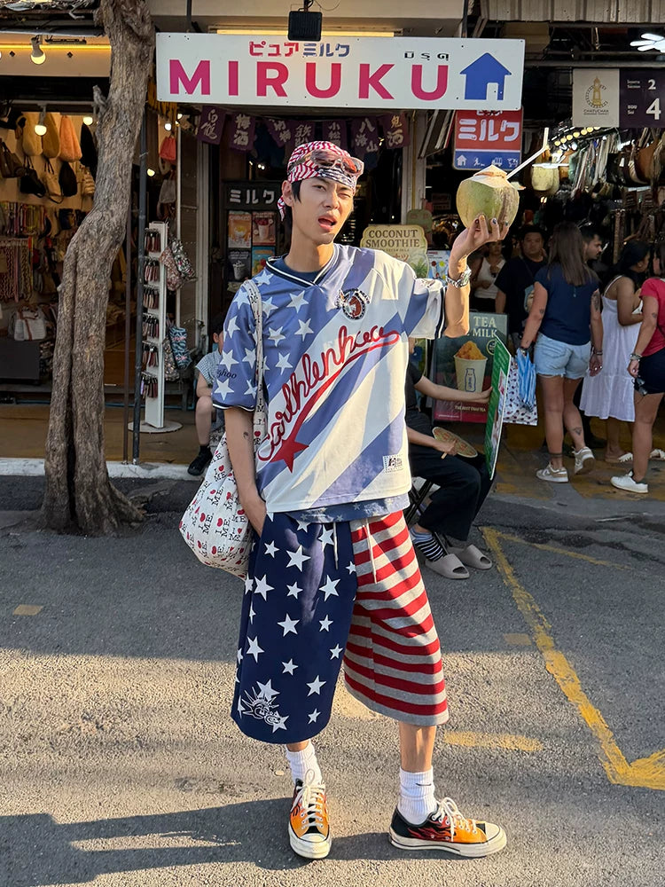 HABON American Style Star Print Colorblock Wide-Leg Cropped Shorts