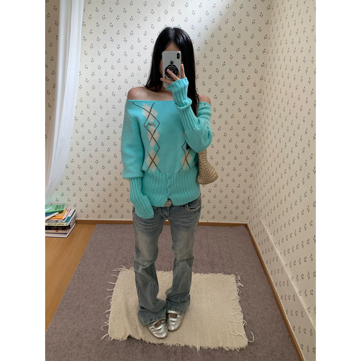 HABON Women's Argyle Asymmetrical Neckline Knit Sweater