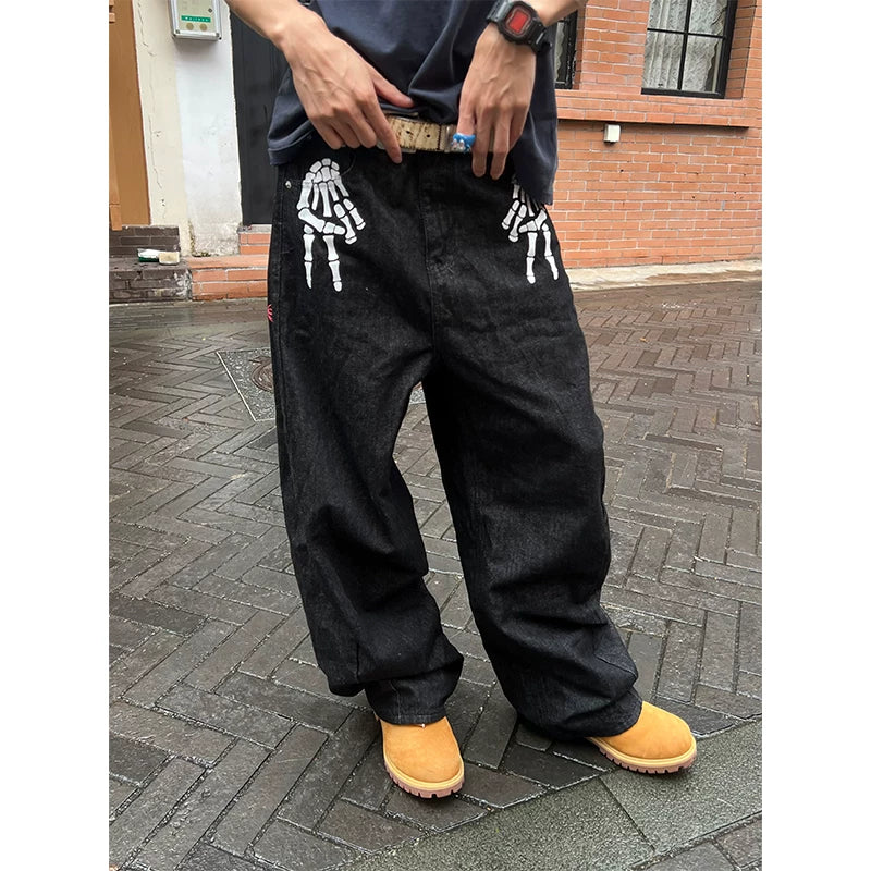 HABON American Style Skeleton Print Wide-Leg Jeans for Men and Women
