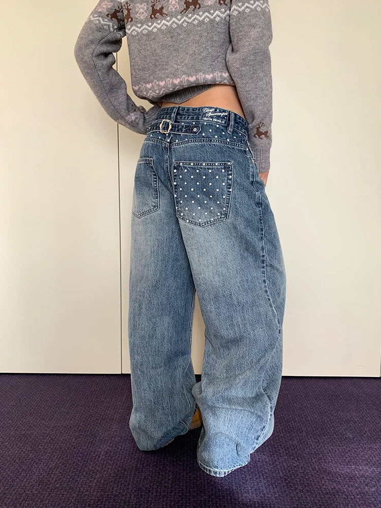 HABON American Style Star Print Washed Wide-Leg Jeans for Men and Women