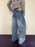 HABON American Style Star Print Washed Wide-Leg Jeans for Men and Women