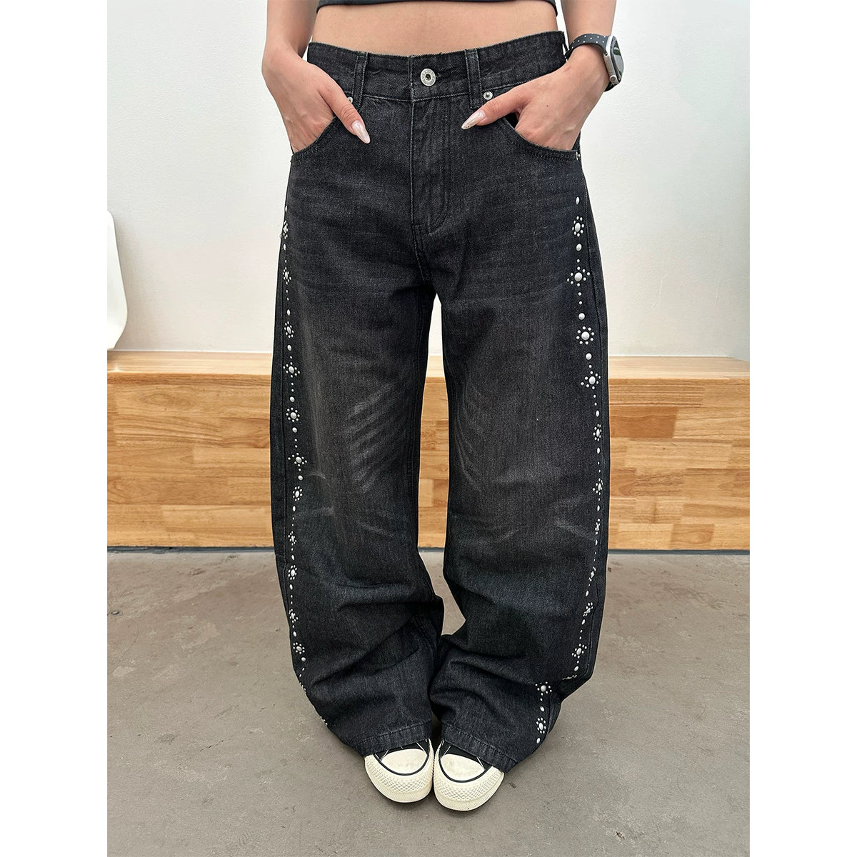 HABON American Style Beaded Straight Leg Jeans for Men and Women