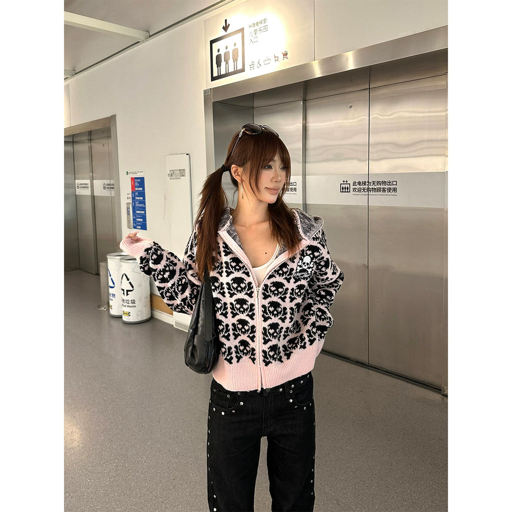 HABON American Skull Jacquard Hooded Knit Cardigan