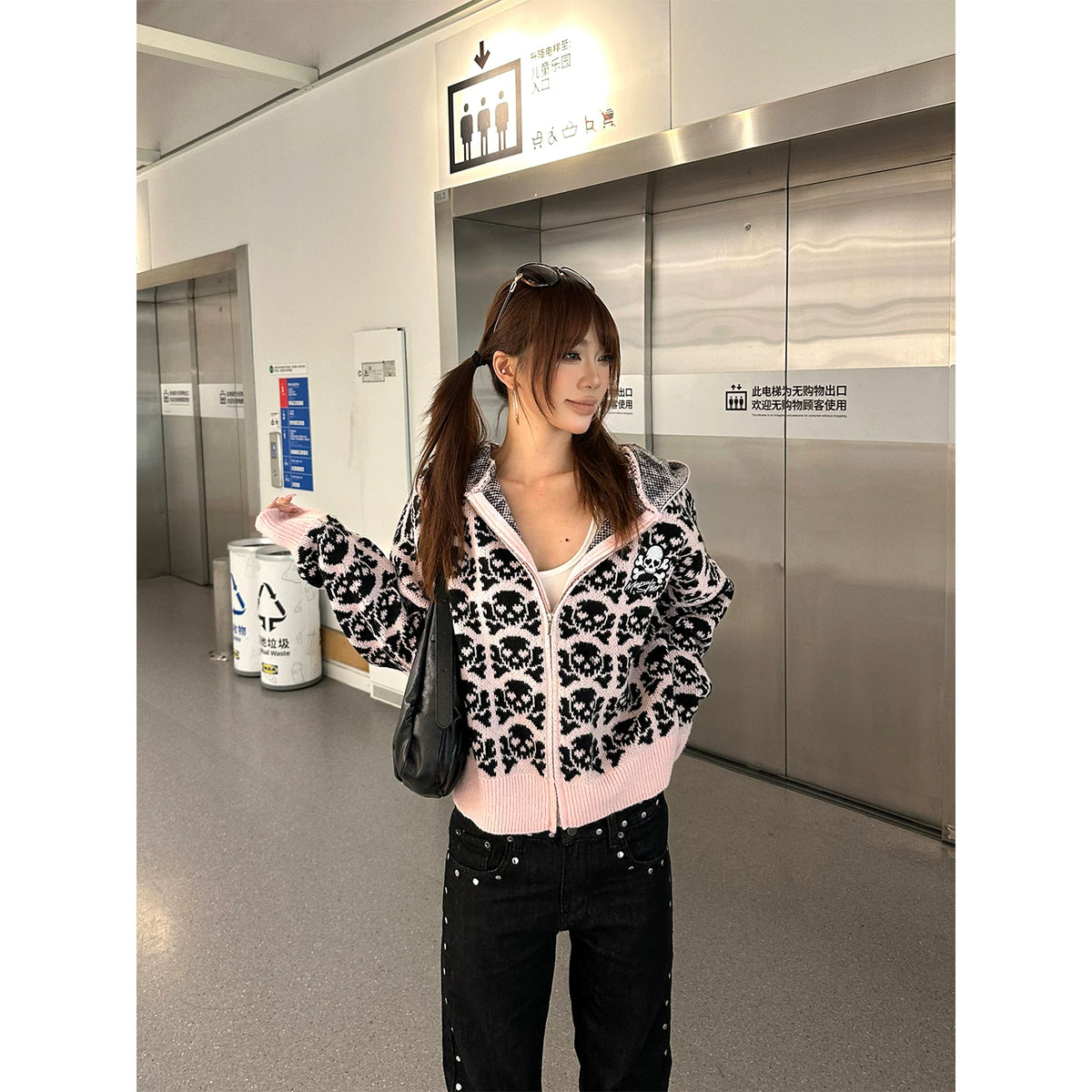 HABON American Skull Jacquard Hooded Knit Cardigan