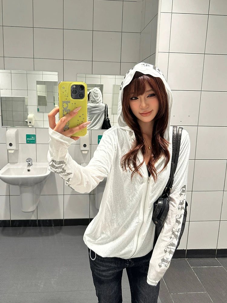 HABON American Gothic Rhinestone Hooded Cardigan T-Shirt