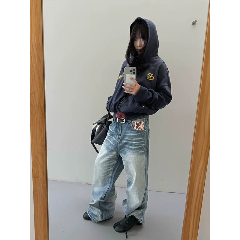 HABON Washed Distressed Paint Splatter Zip-Up Boxy Hoodie