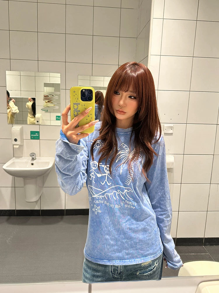 HABON American Style Washed Vintage Long Sleeve T-Shirt