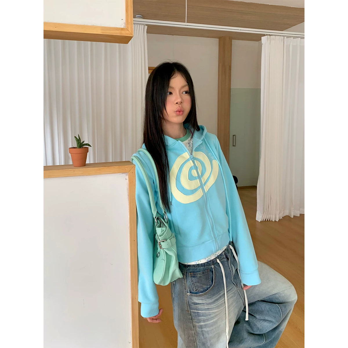HABON American Swirl Patchwork Zip Hooded Sweatshirt, Loose Fit for Men and Women