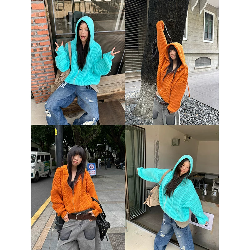 HABON American Style Cable Knit Hooded Sweater Cardigan for Men and Women