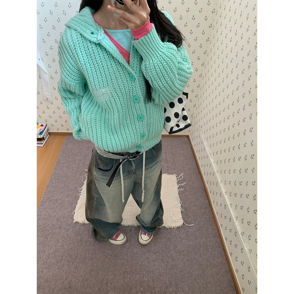 HABON American Style Casual Button Knitted Hooded Cardigan Sweater