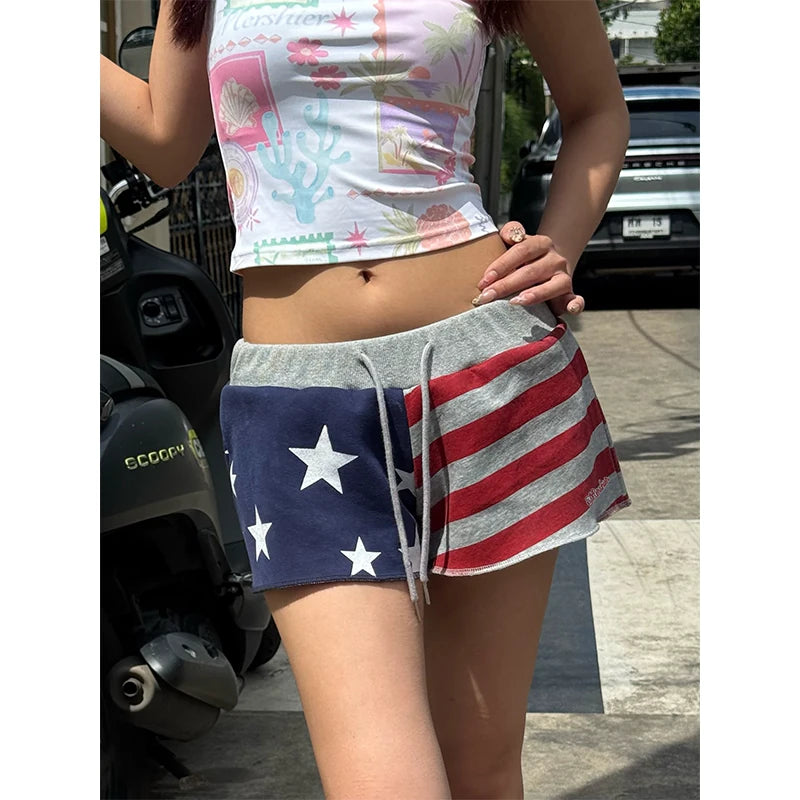 HABON Women's American Star Print Colorblock Straight-Leg Shorts