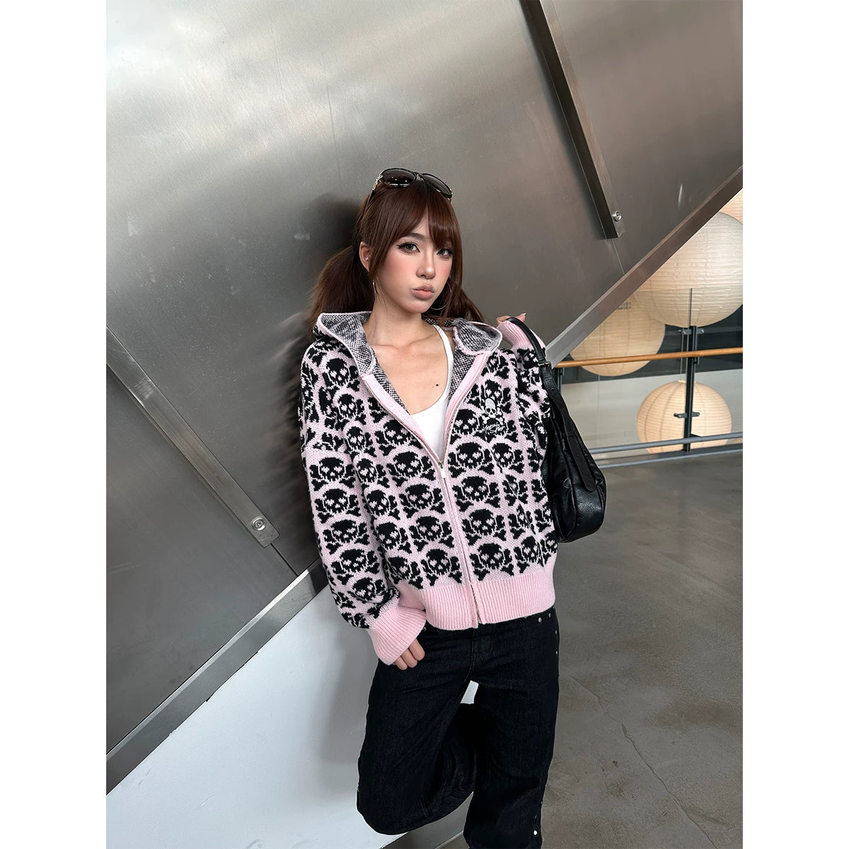 HABON American Skull Jacquard Hooded Knit Cardigan