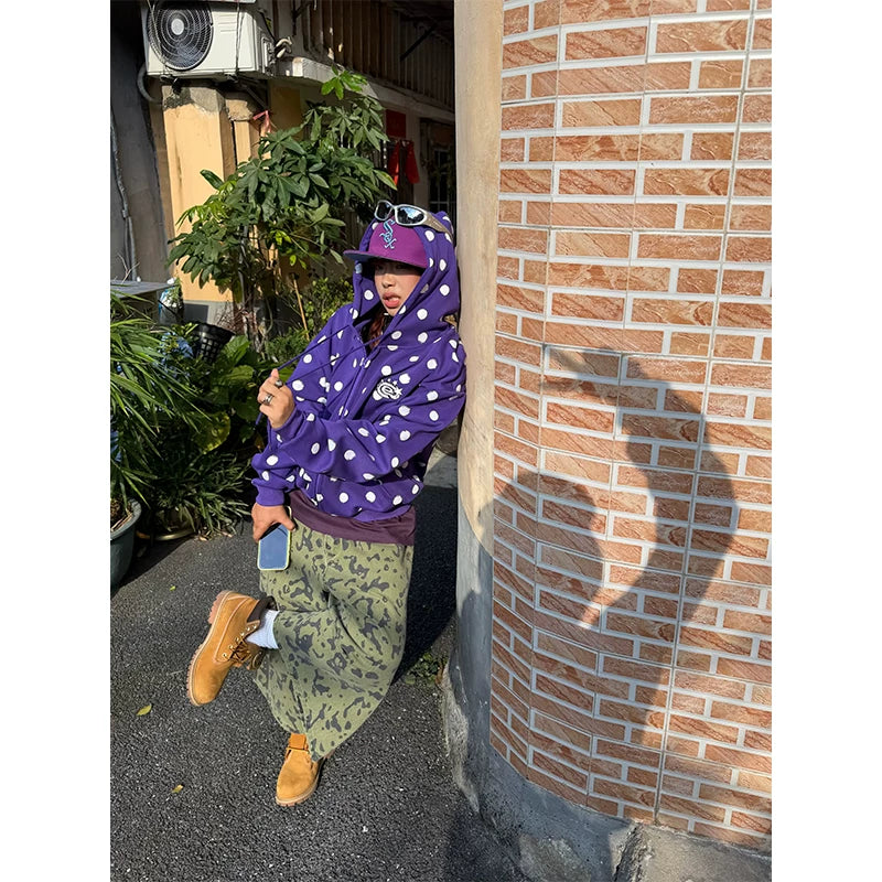 HABON American Style Polka Dot Full Print Zip Up Hooded Sweatshirt