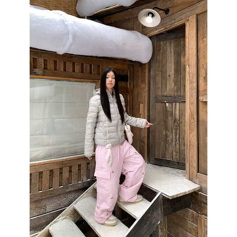 HABON Winter American Style Retro Plaid Loose Padded Warm Straight Pants