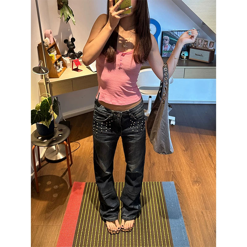 HABON American Style Rhinestone Flared Washed Women's Jeans