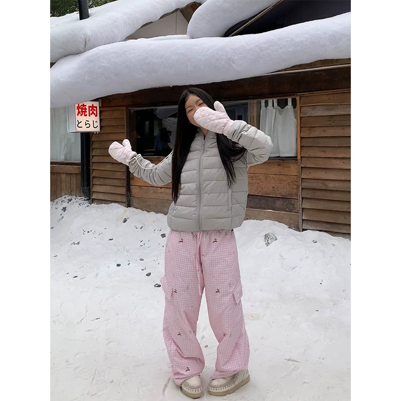 HABON Winter American Style Retro Plaid Loose Padded Warm Straight Pants