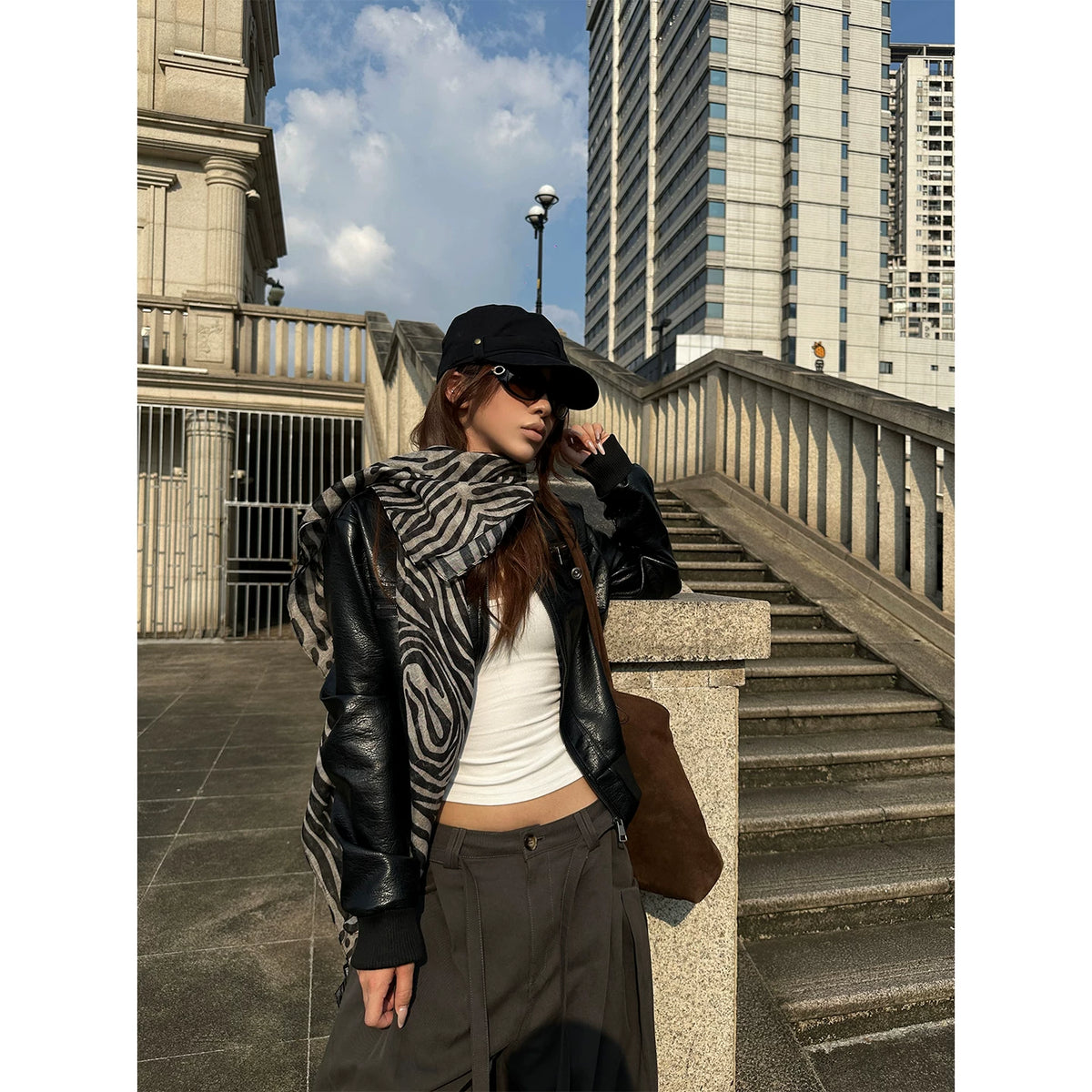 HABON American Style Casual Retro Zip-Up PU Leather Jacket for Men and Women
