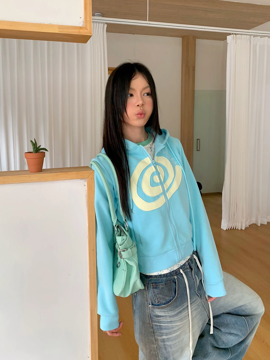 HABON American Swirl Patchwork Zip Hooded Sweatshirt, Loose Fit for Men and Women