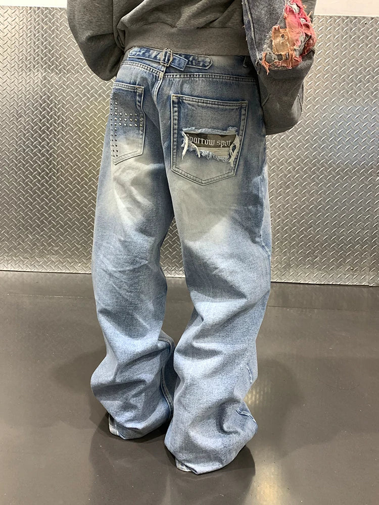 HABON American Washed Cross Studded Wide Leg Jeans
