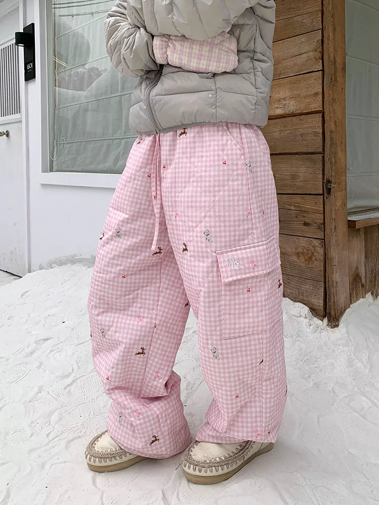 HABON Winter American Style Retro Plaid Loose Padded Warm Straight Pants