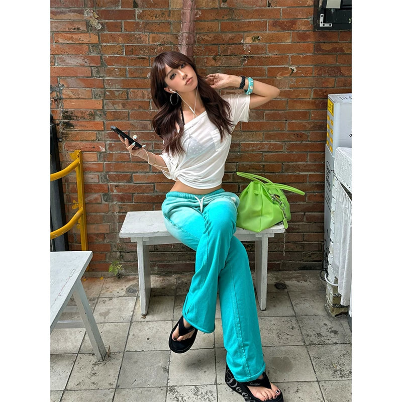 HABON Women's Vintage American Digital Print Straight Leg Flare Casual Pants