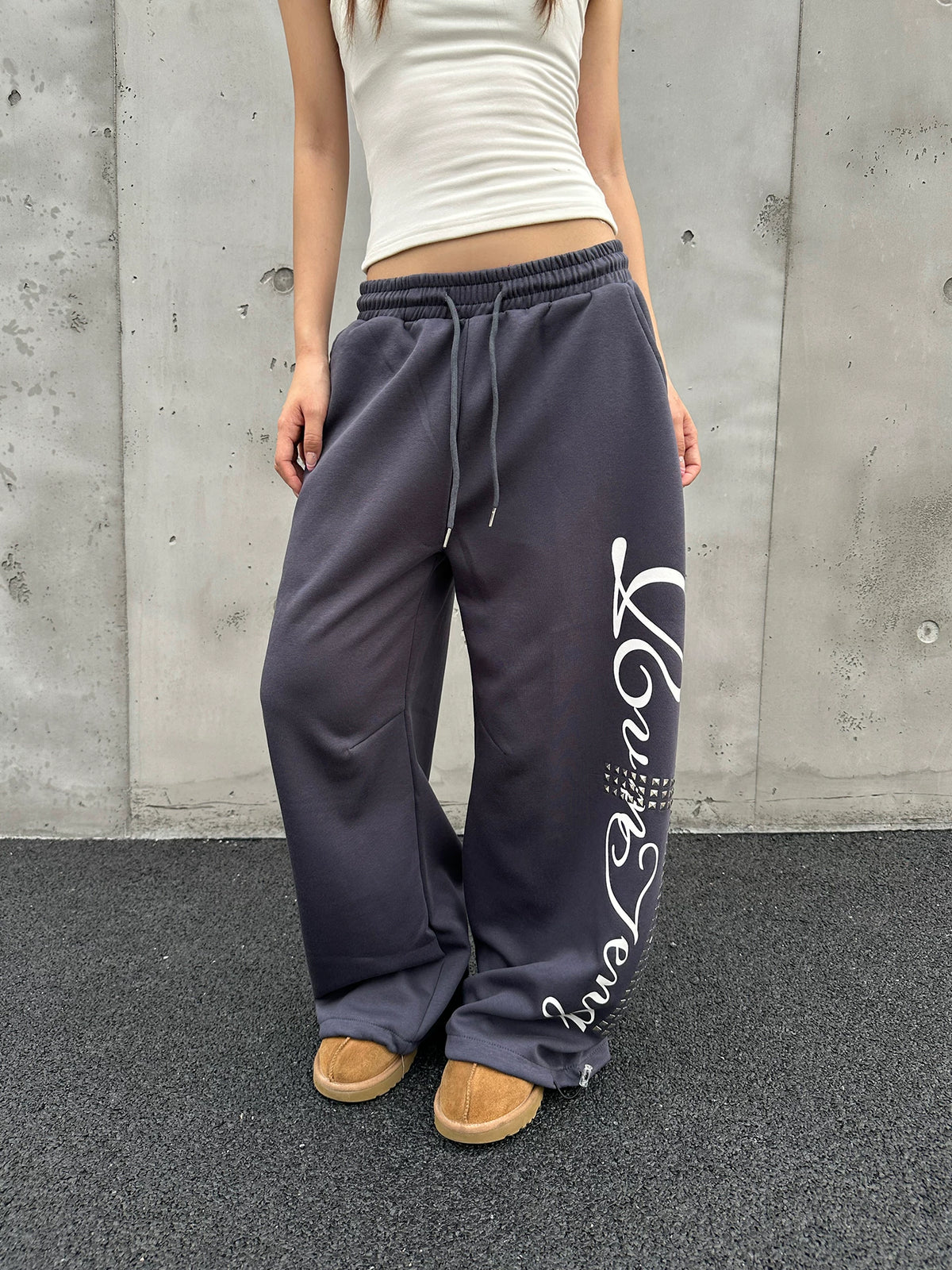 Unisex Letter Print Rivet Wide-Leg Drawstring Sweatpants