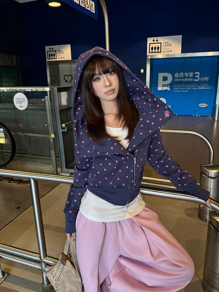 HABON American Style Star Print Hooded Zip Up Sweatshirt