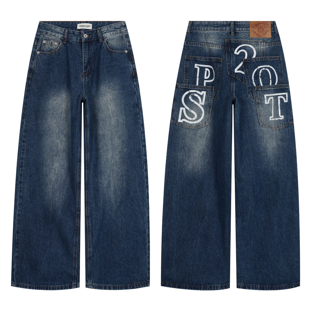 HABON American Style Patchwork Pocket Wide Leg Straight Jeans