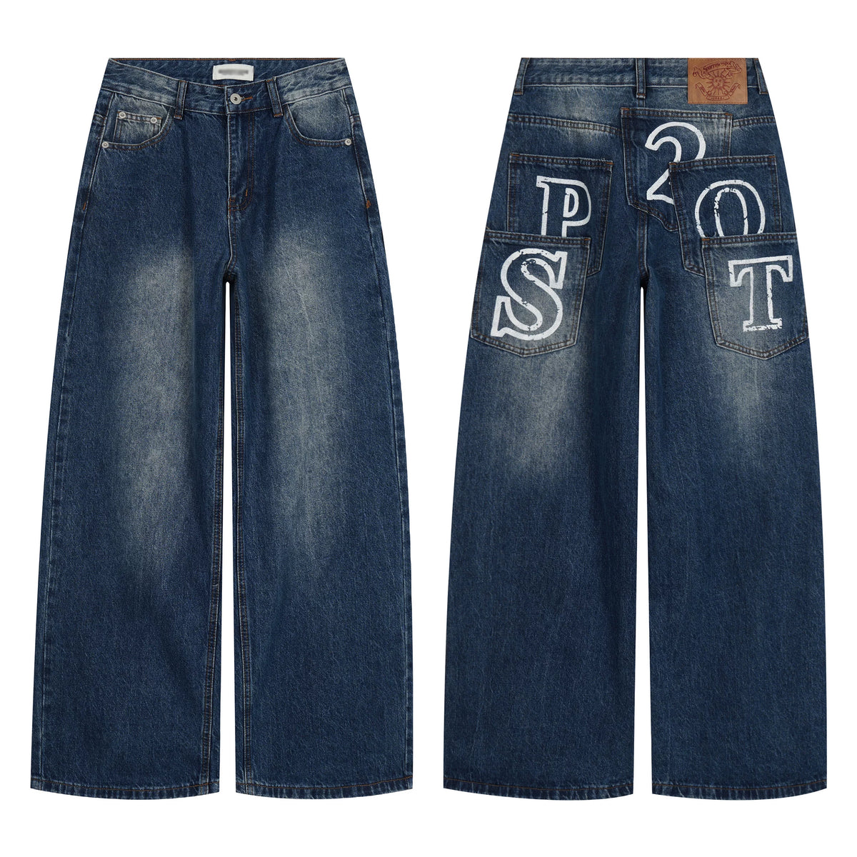 HABON American Style Patchwork Pocket Wide Leg Straight Jeans