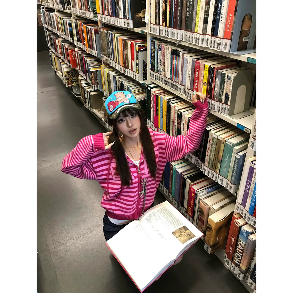 HABON Women's Striped Jacquard Hooded Knit Cardigan Sweater