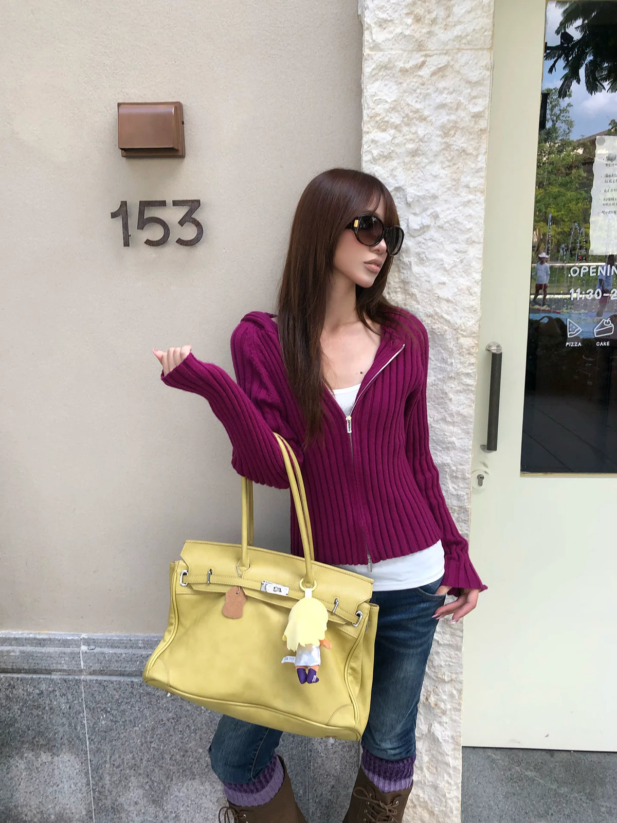 HABON Women's American Style Striped Double Zipper Hooded Knit Sweater Jacket